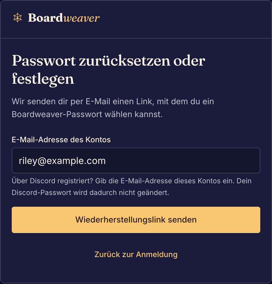 Das Formular zur Passwortwiederherstellung sendet einen Link zum Zurücksetzen an die E-Mail-Adresse des Kontos.