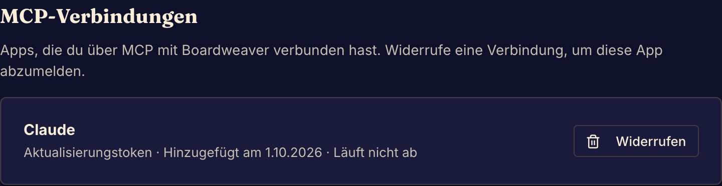 MCP-Verbindungen listet die zugelassenen Programme auf und bietet die Aktion Widerrufen.