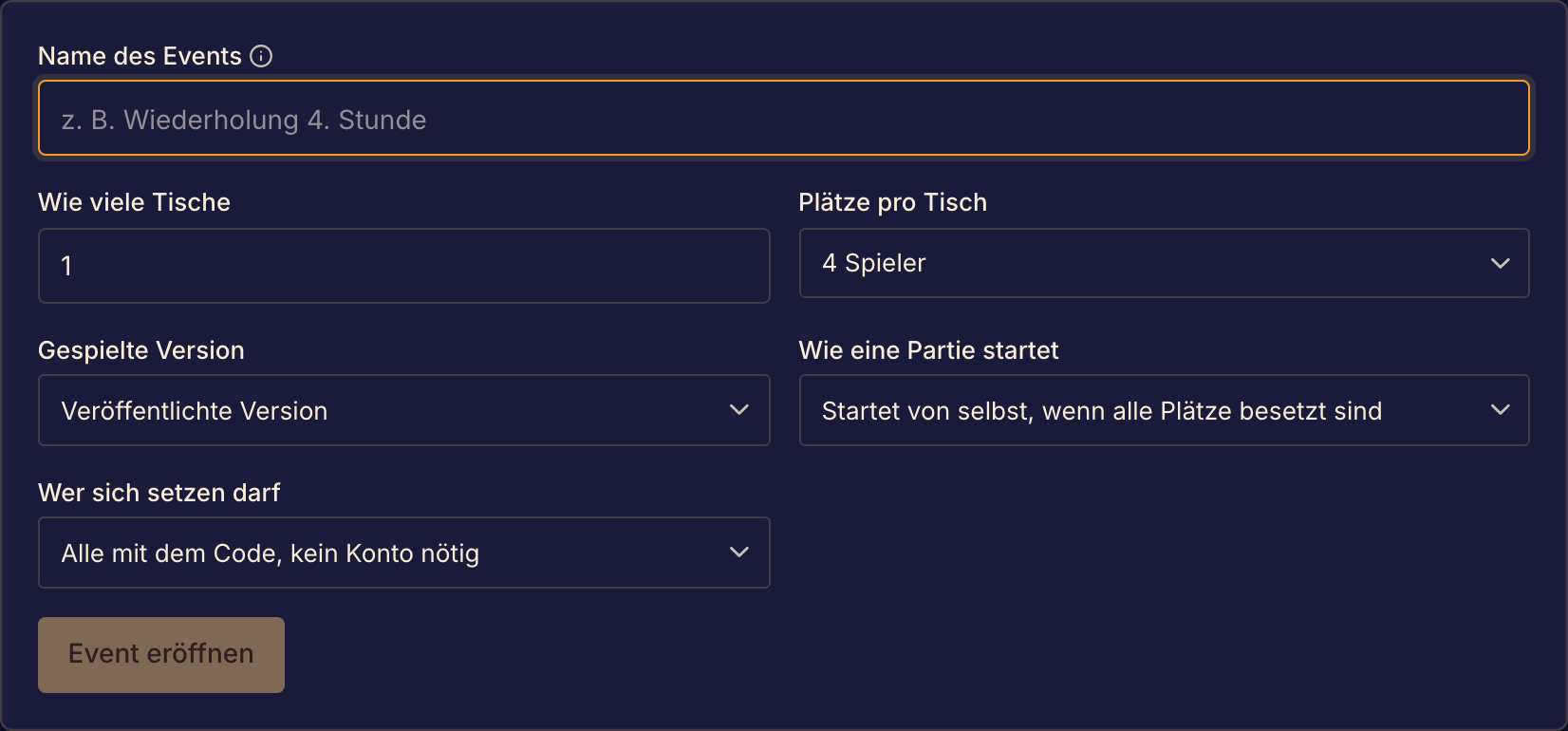 Im Formular für ein neues Event legst du das Spiel und den Namen des Events fest.