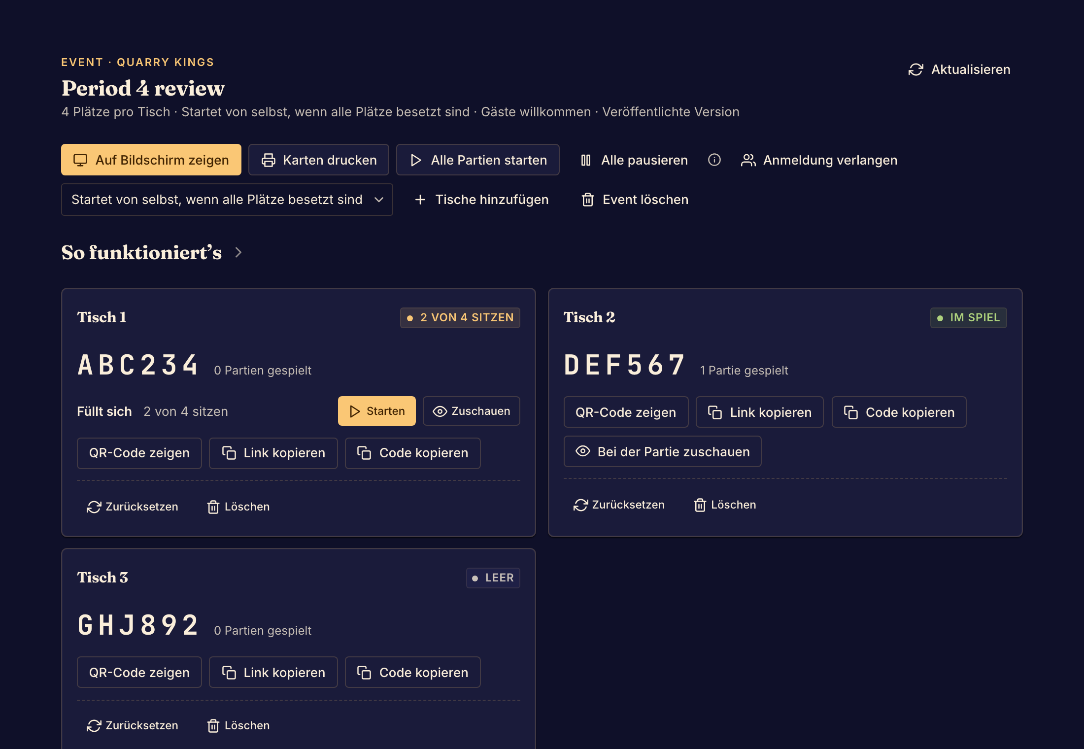 Die Event-Verwaltung zeigt Tischcodes, besetzte Plätze und Steuerelemente, mit denen du den Raum leitest.