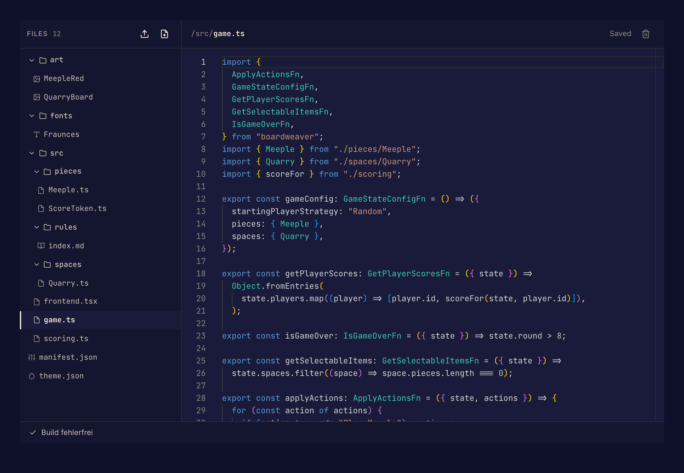 Dateibaum und Editor zeigen ein TypeScript-Beispielspiel. Spiele auf Framework v3 verwenden Rust für die Spiellogik.
