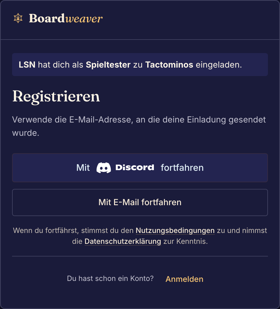 Eine Einladung zeigt das Spiel, die einladende Person und die Rolle, bevor du ein Konto erstellst oder dich anmeldest.