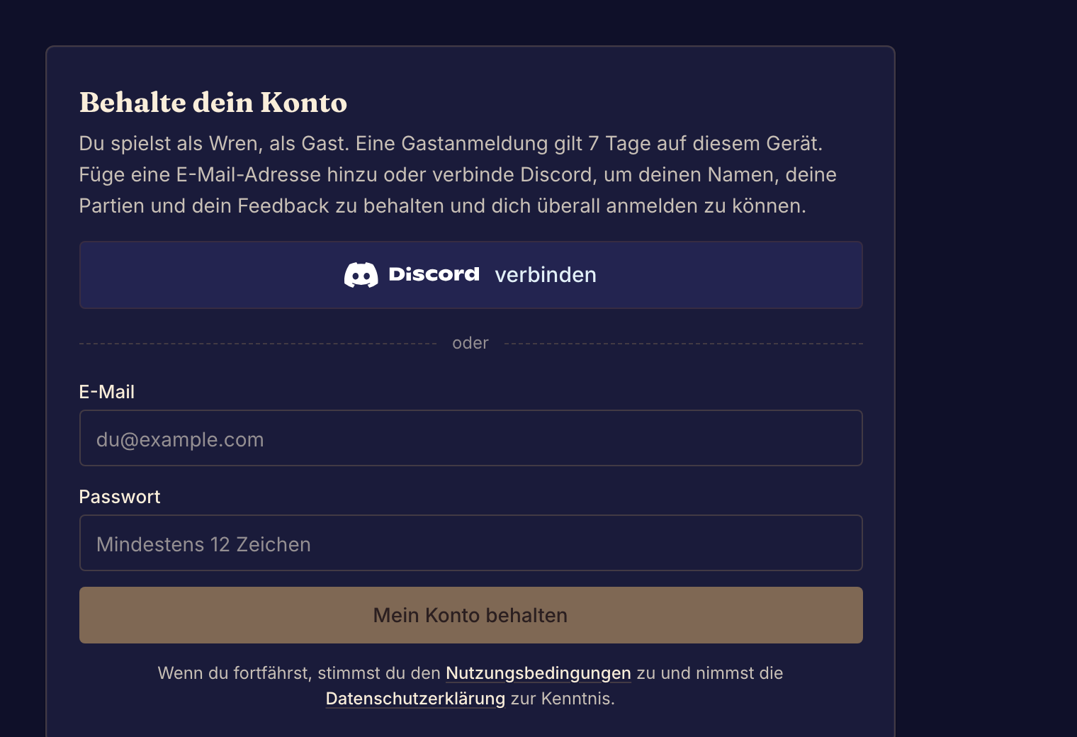Mit Behalte dein Konto verknüpfst du einen Gast mit einer dauerhaften Anmeldung.