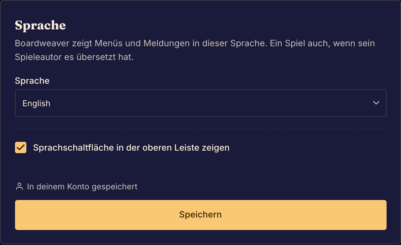 Die Spracheinstellungen bieten sechs Sprachen für die App und die Wahl, die Sprachschaltfläche zu zeigen oder auszublenden.