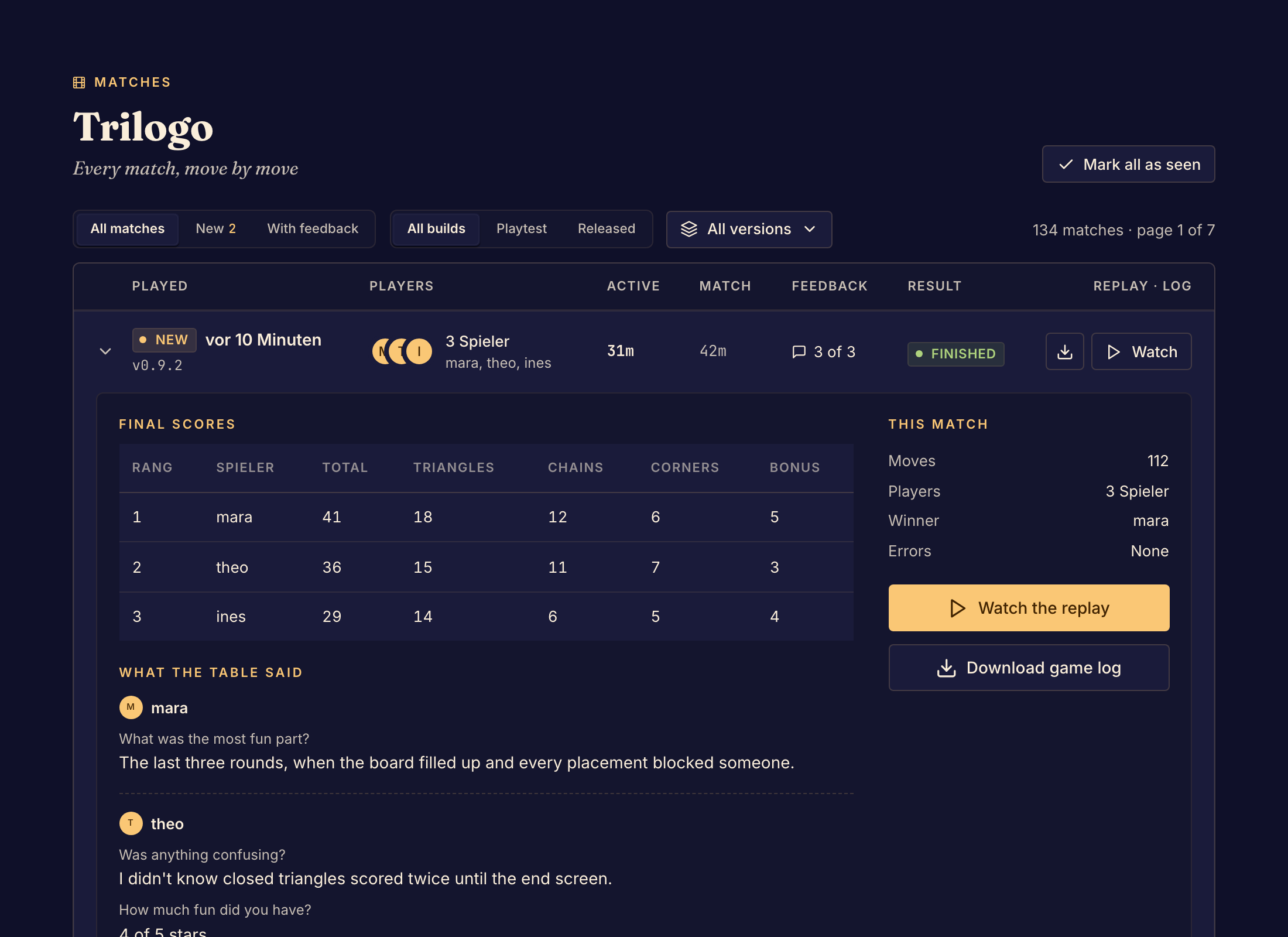 Die Seite Matches im Studio listet beendete Partien mit Punkteständen, Feedback und Steuerelementen für die Wiederholung auf.
