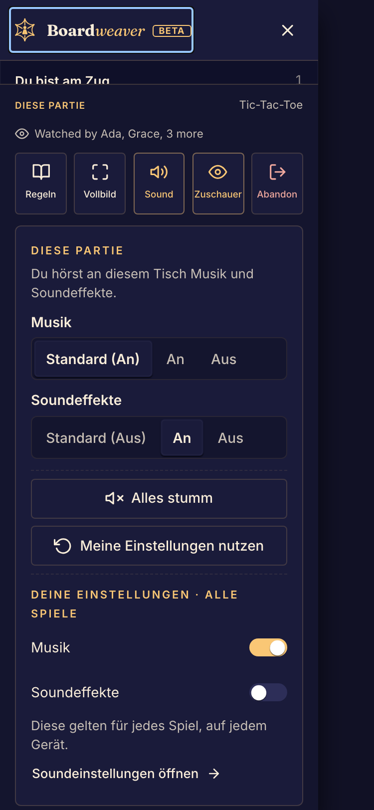 Das Ausklappmenü auf dem Handy bringt den Wechsel zwischen Partien und die Soundeinstellungen in Reichweite, ohne dass du das Spiel verlässt.