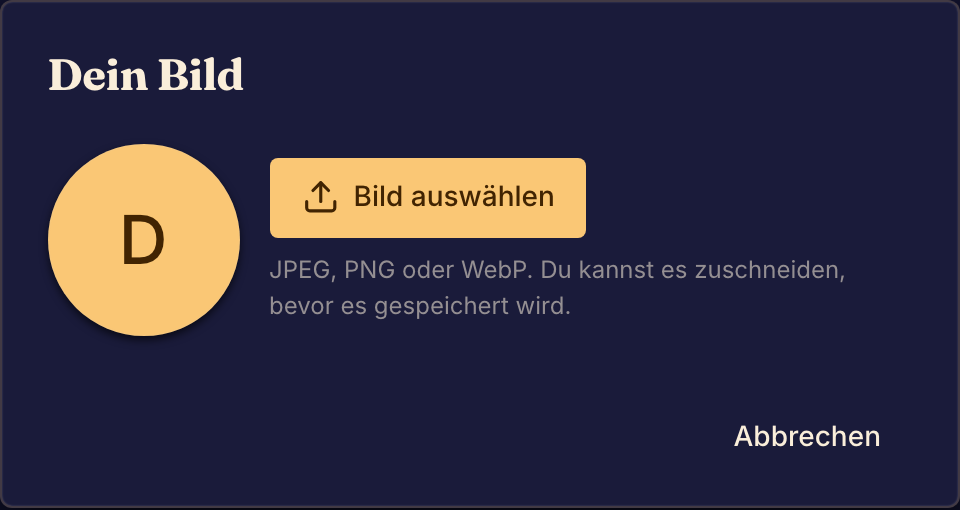 Im Dialog für das Profilbild lädst du ein neues Bild hoch oder behältst ein Bild mit deinen Initialen.