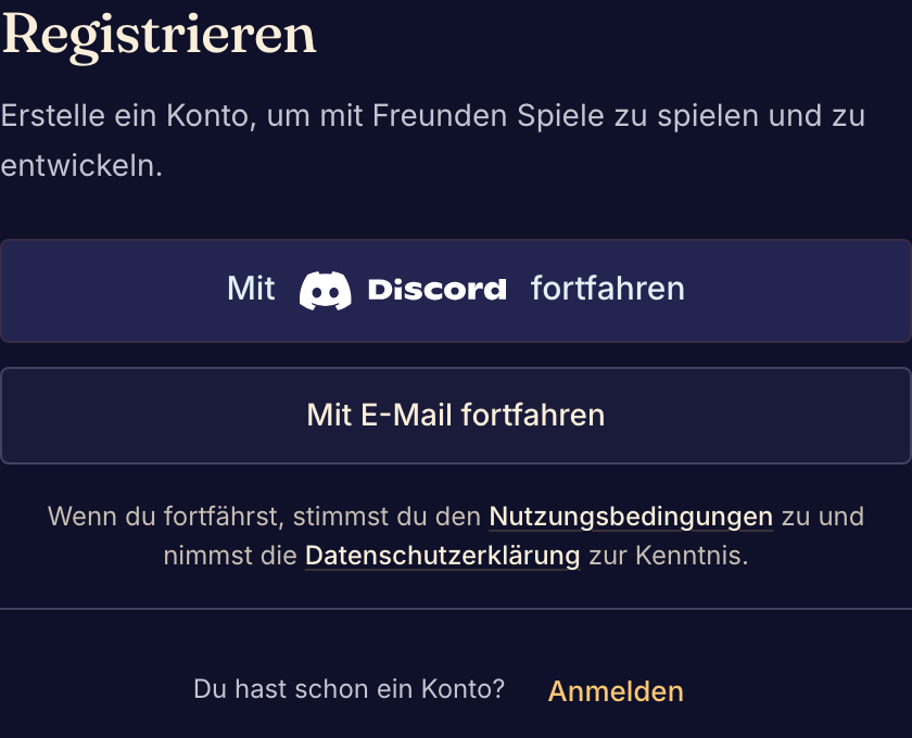 Wähl Discord oder E-Mail, um dein Konto zu erstellen.