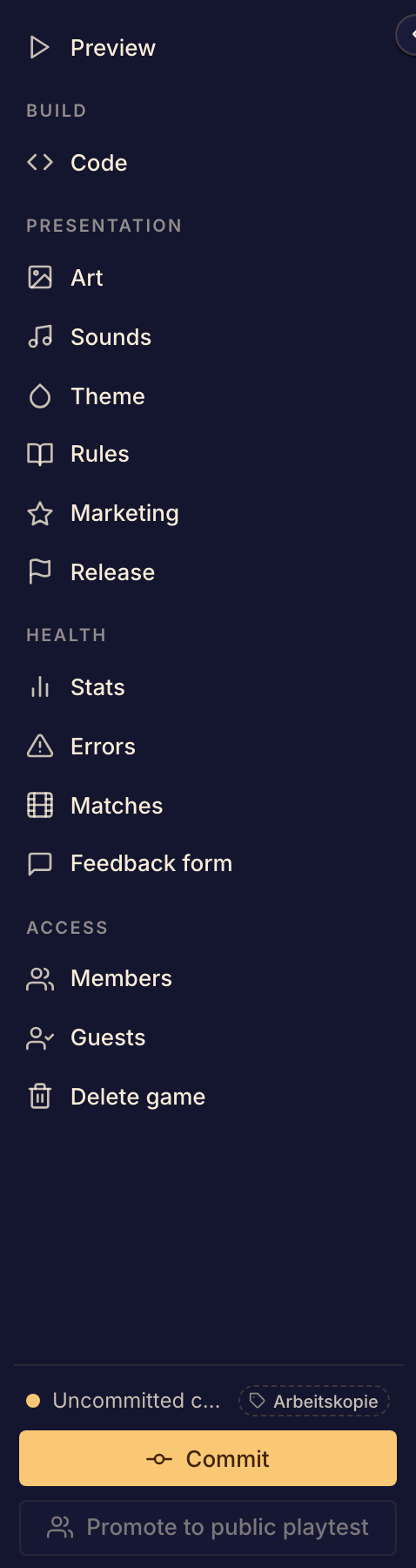 Die Seitenleiste des Studios, wie ein Admin sie für ein Spiel auf dem stabilen Framework sieht.