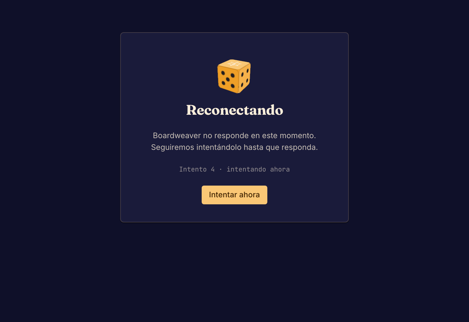 El panel del estado de la conexión explica un corte prolongado y ofrece volver a intentarlo.