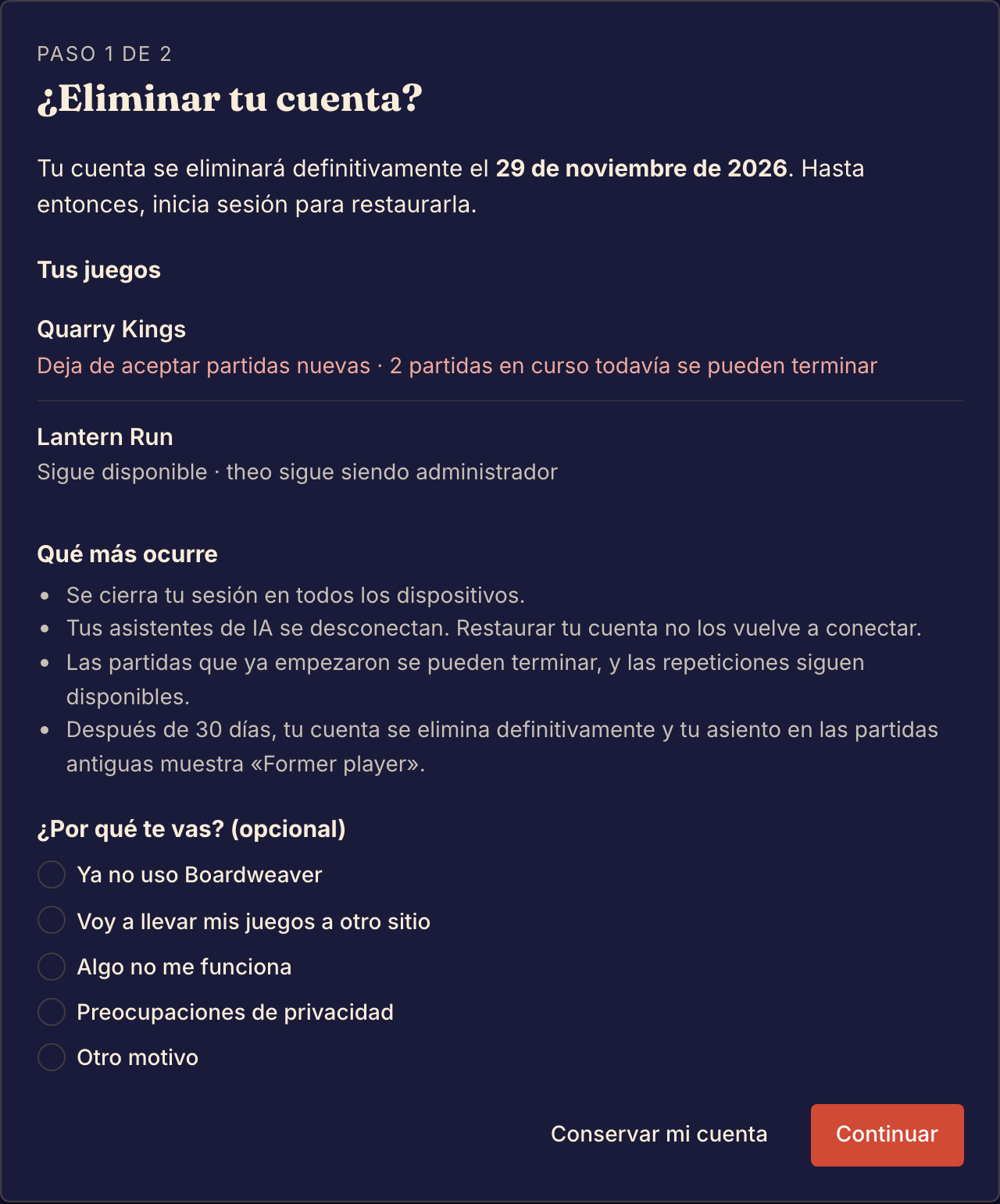 El primer paso para eliminar una cuenta muestra dos juegos y qué pasa con cada uno.