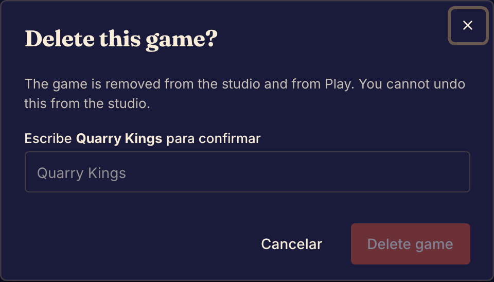Para eliminar un juego hay que escribir su nombre en el diálogo de confirmación.