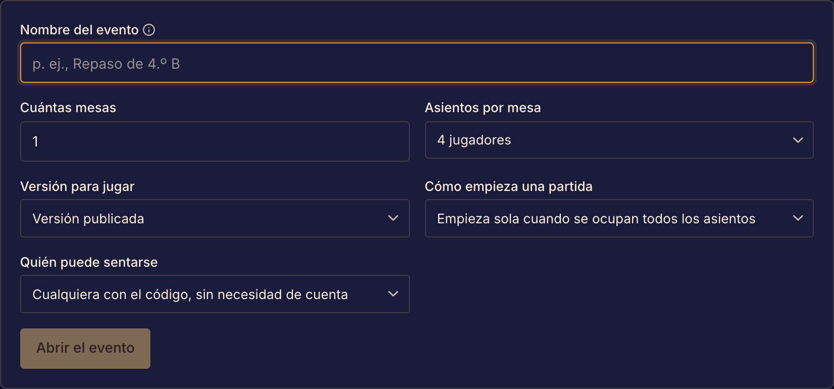 El formulario de evento nuevo define el juego y el nombre del evento.