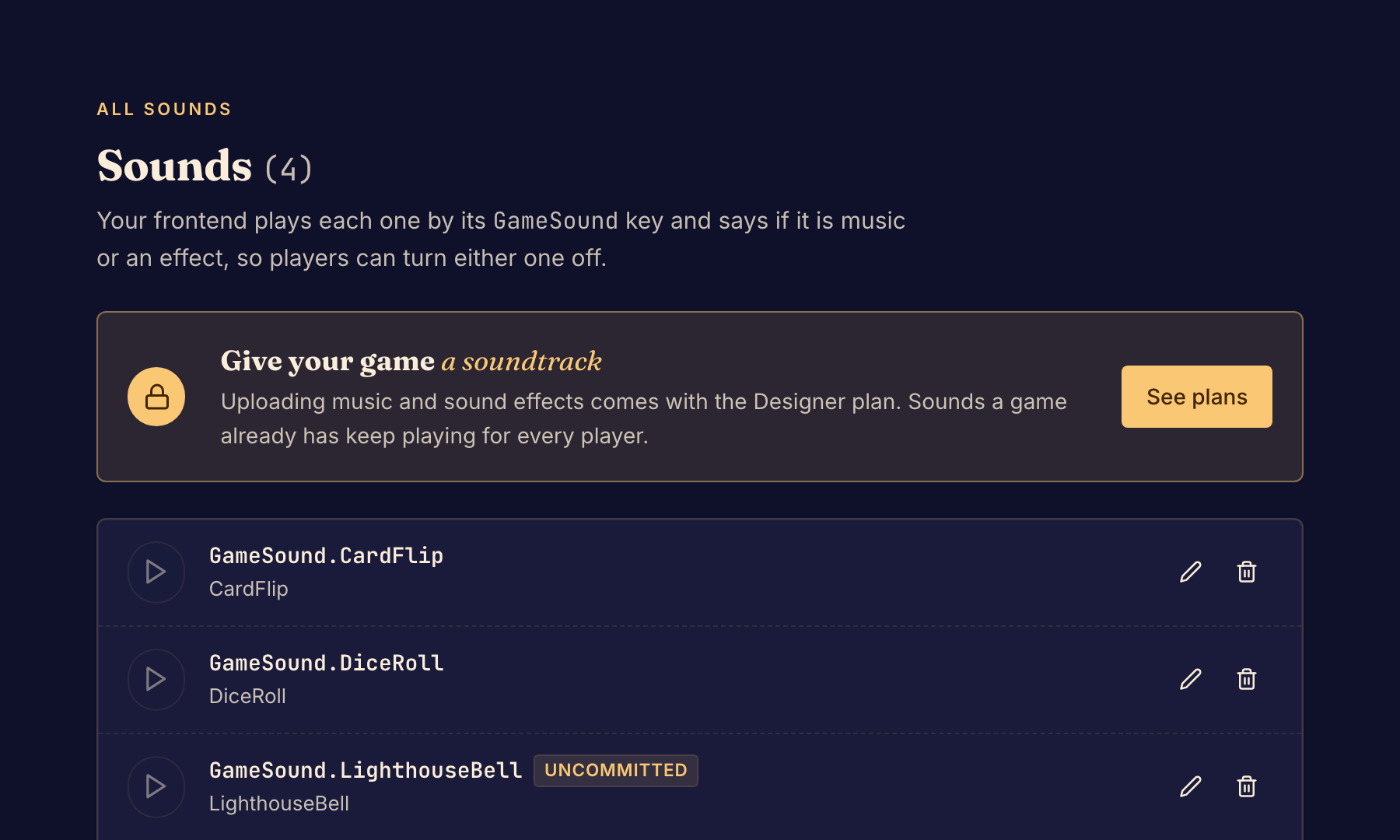 Una página Sounds bloqueada explica que tu plan necesita sonidos de juego para subirlos.