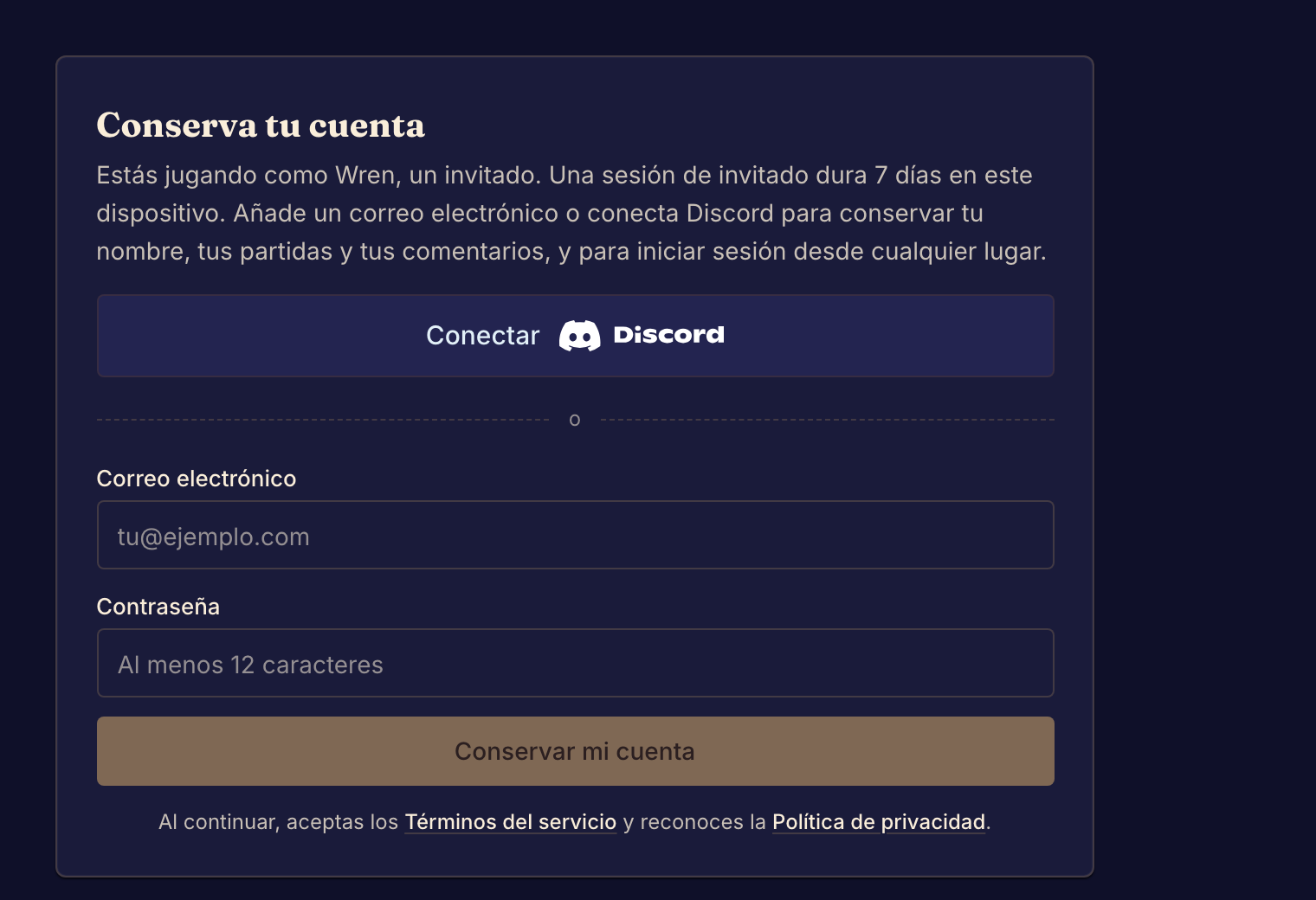 Conserva tu cuenta vincula una identidad de invitado a un inicio de sesión permanente.