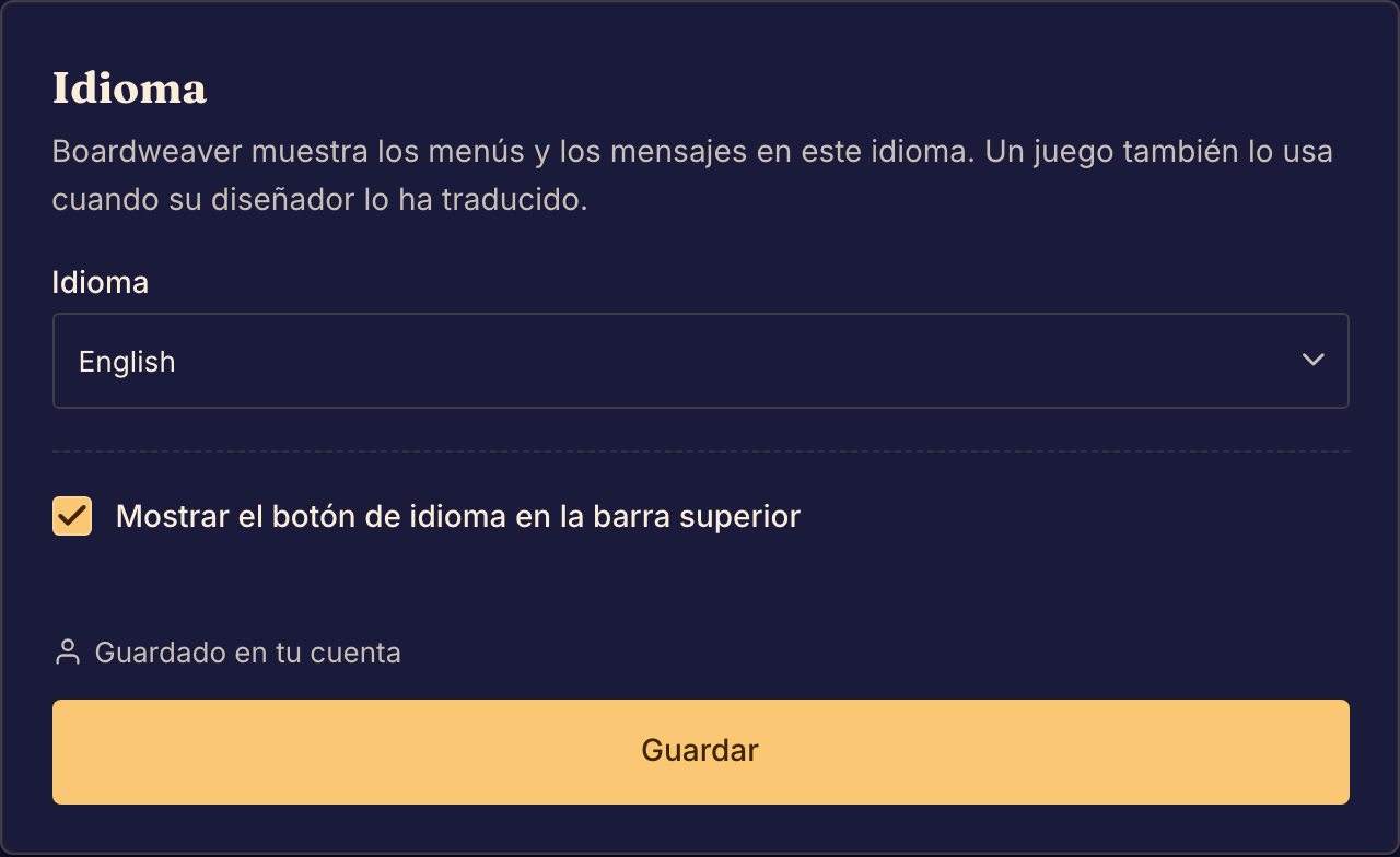 Los ajustes de idioma ofrecen seis idiomas para la aplicación y una opción para mostrar u ocultar el botón de idioma.