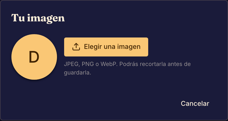 El cuadro de diálogo de la imagen de perfil te permite subir una imagen nueva o conservar un avatar con tus iniciales.