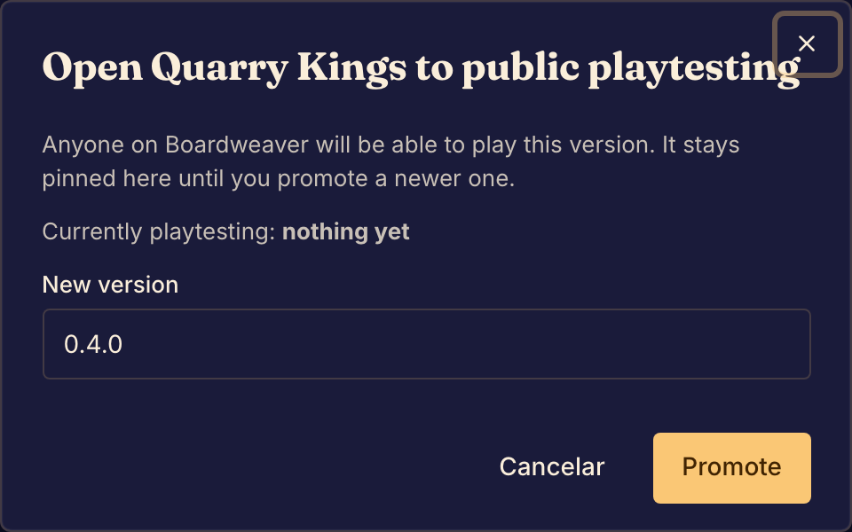 Promover una versión abre esa versión con commit a la prueba de juego pública.
