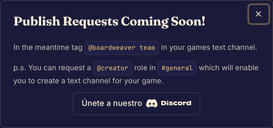 El diálogo de publicación actual indica a los diseñadores que contacten con el equipo; no publica nada en ese momento.