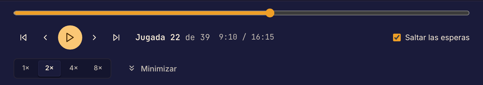 Los controles de la repetición recorren las jugadas grabadas, ajustan la velocidad y saltan las esperas en una repetición del framework v1 o v2.