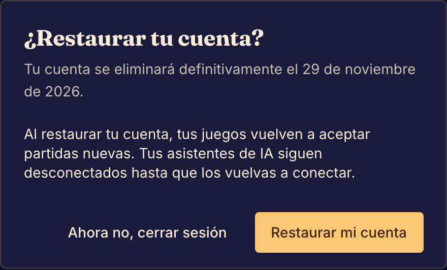 El diálogo Restaurar tu cuenta muestra la fecha de eliminación y dos botones.