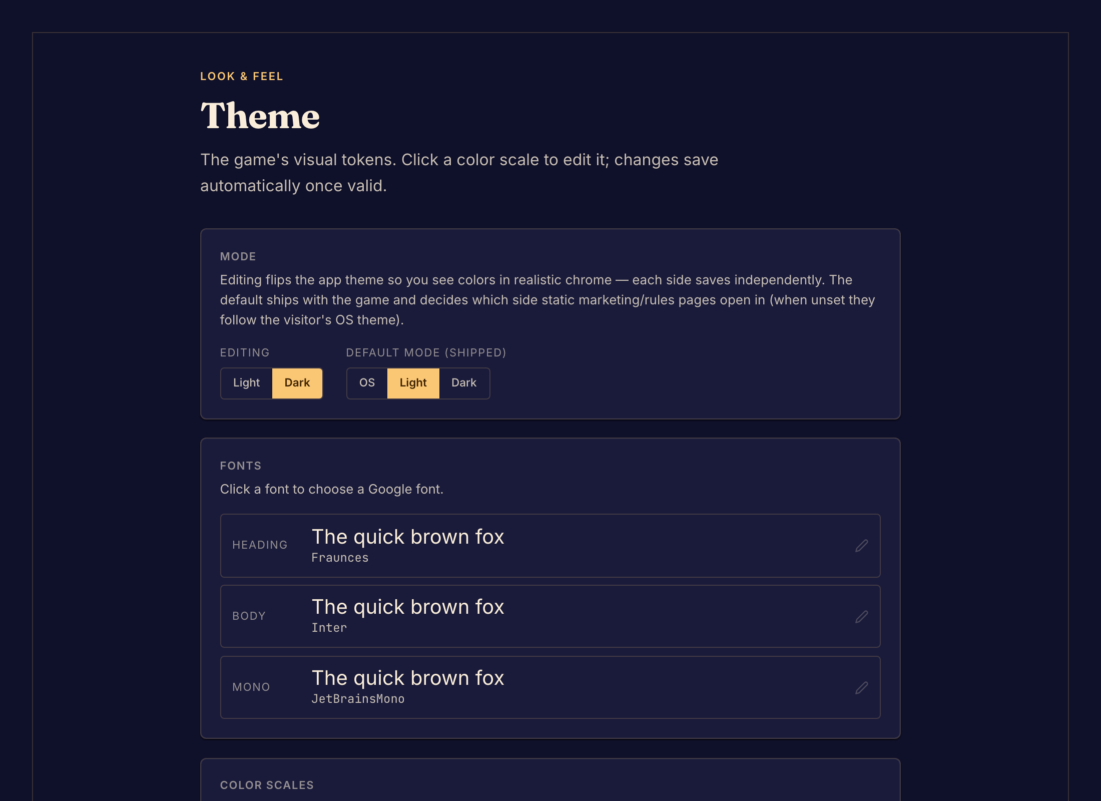 El editor Theme presenta los colores y la tipografía del juego como campos que puedes editar.