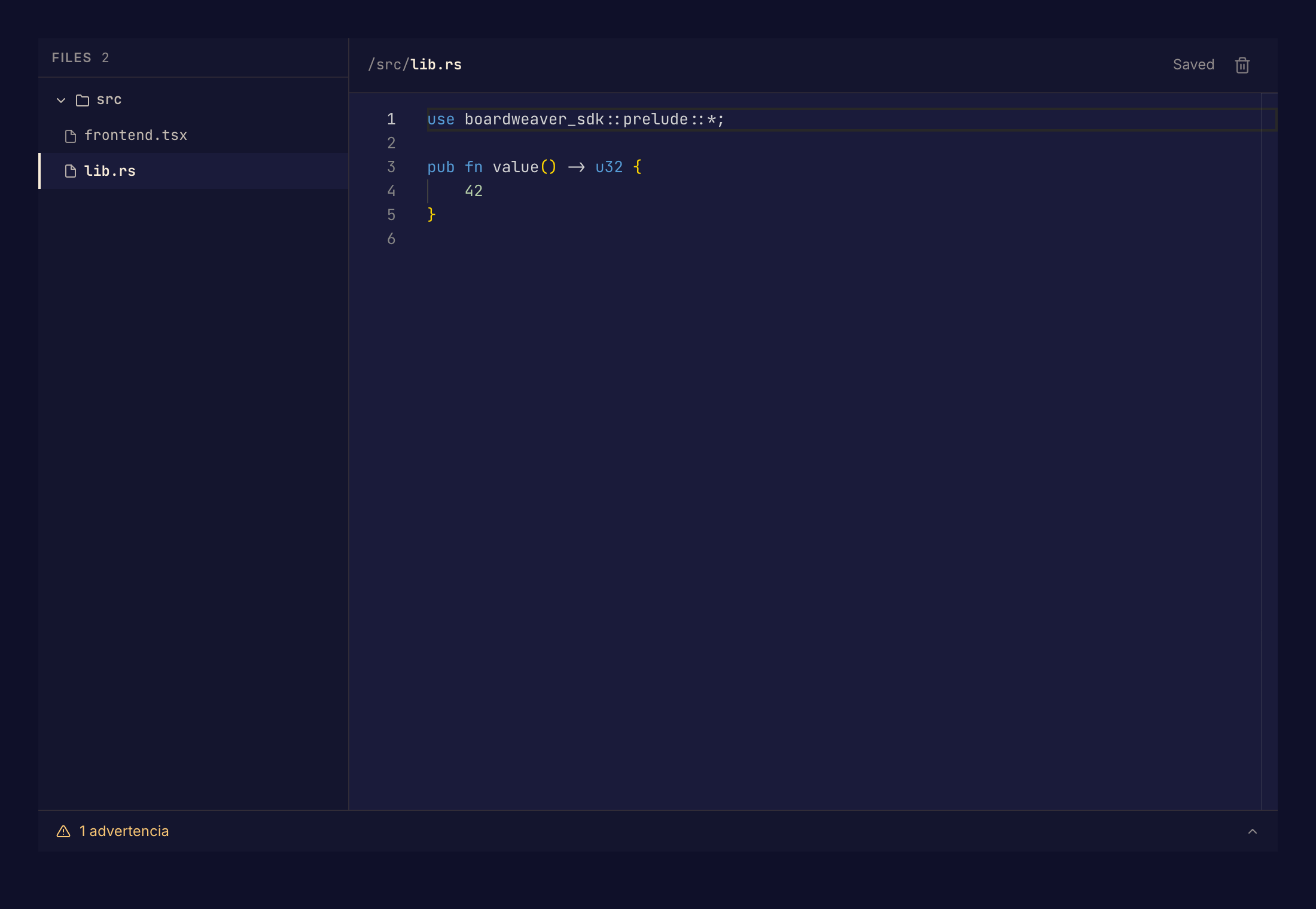 La pestaña Code de Rust muestra los archivos fuente, el estado de la compilación y las advertencias con su ubicación en el código.