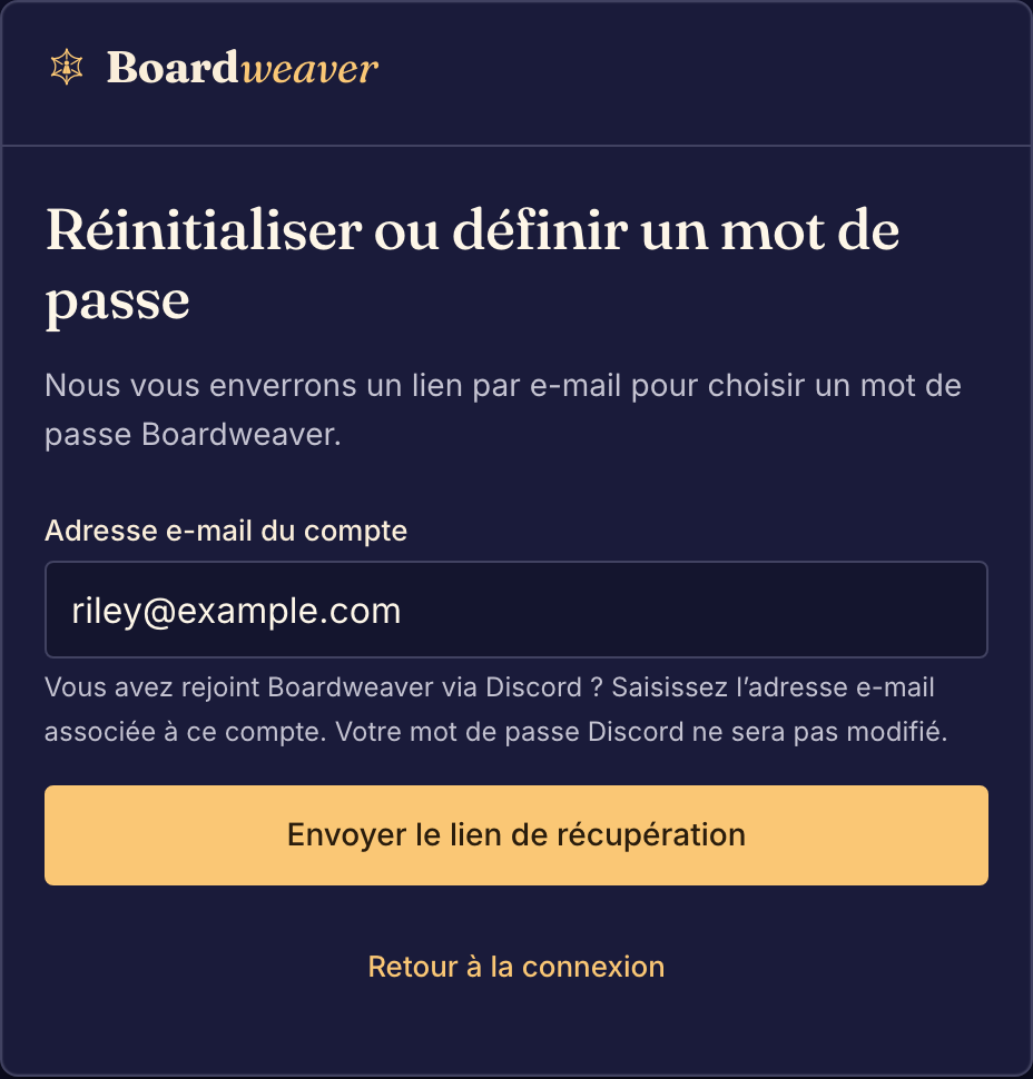 Le formulaire de récupération du mot de passe envoie un lien de réinitialisation à l’adresse e-mail du compte.
