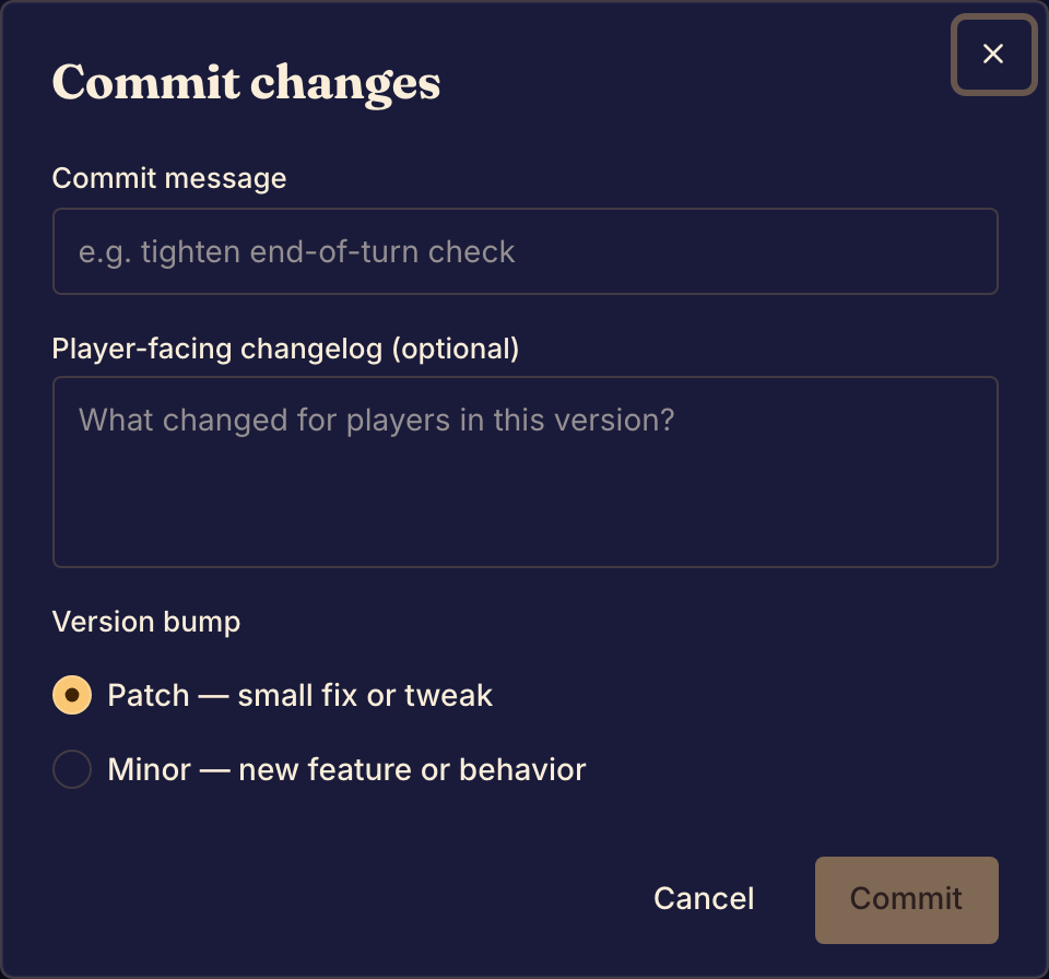 Commit changes enregistre une version avec un message de commit, un journal des modifications facultatif et un incrément de version.