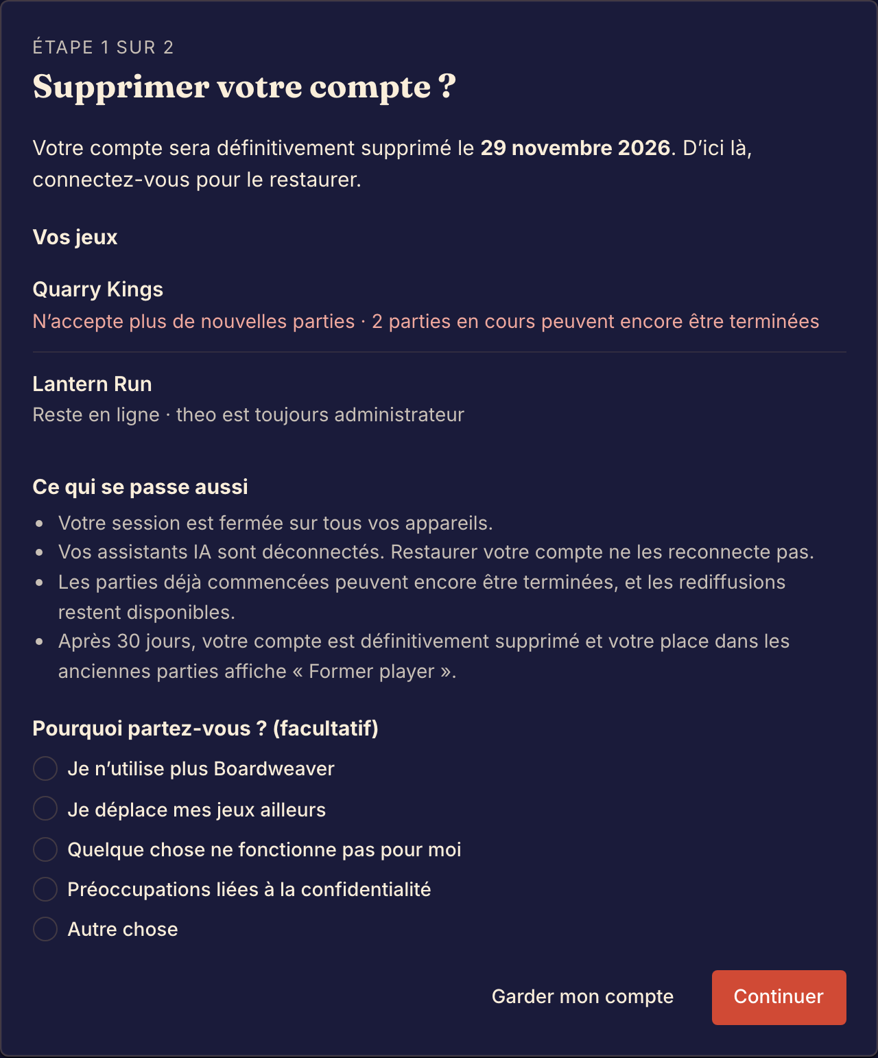 La première étape de la suppression d’un compte montre deux jeux et ce qui arrive à chacun.