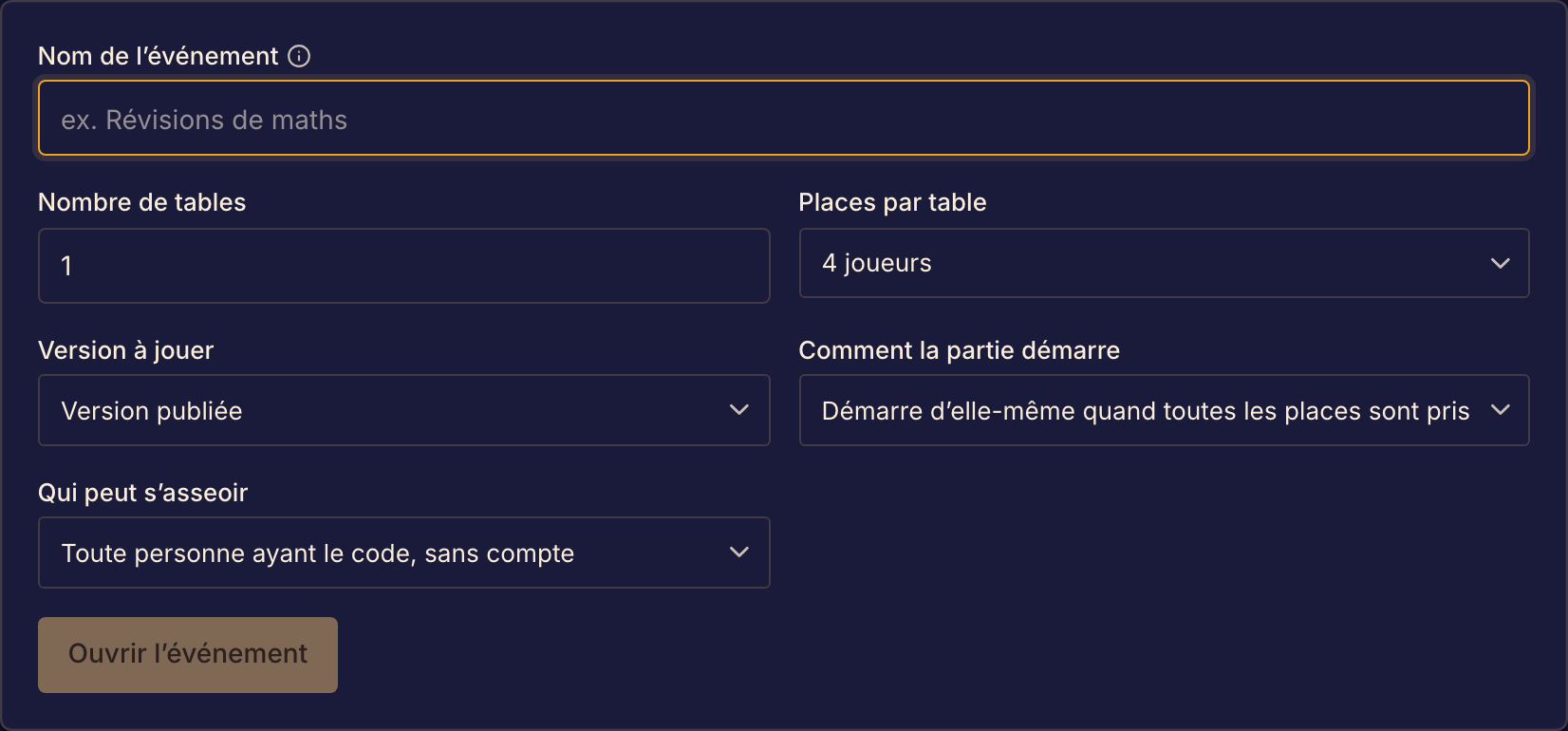 Le formulaire de nouvel événement définit le jeu et le nom de l’événement.