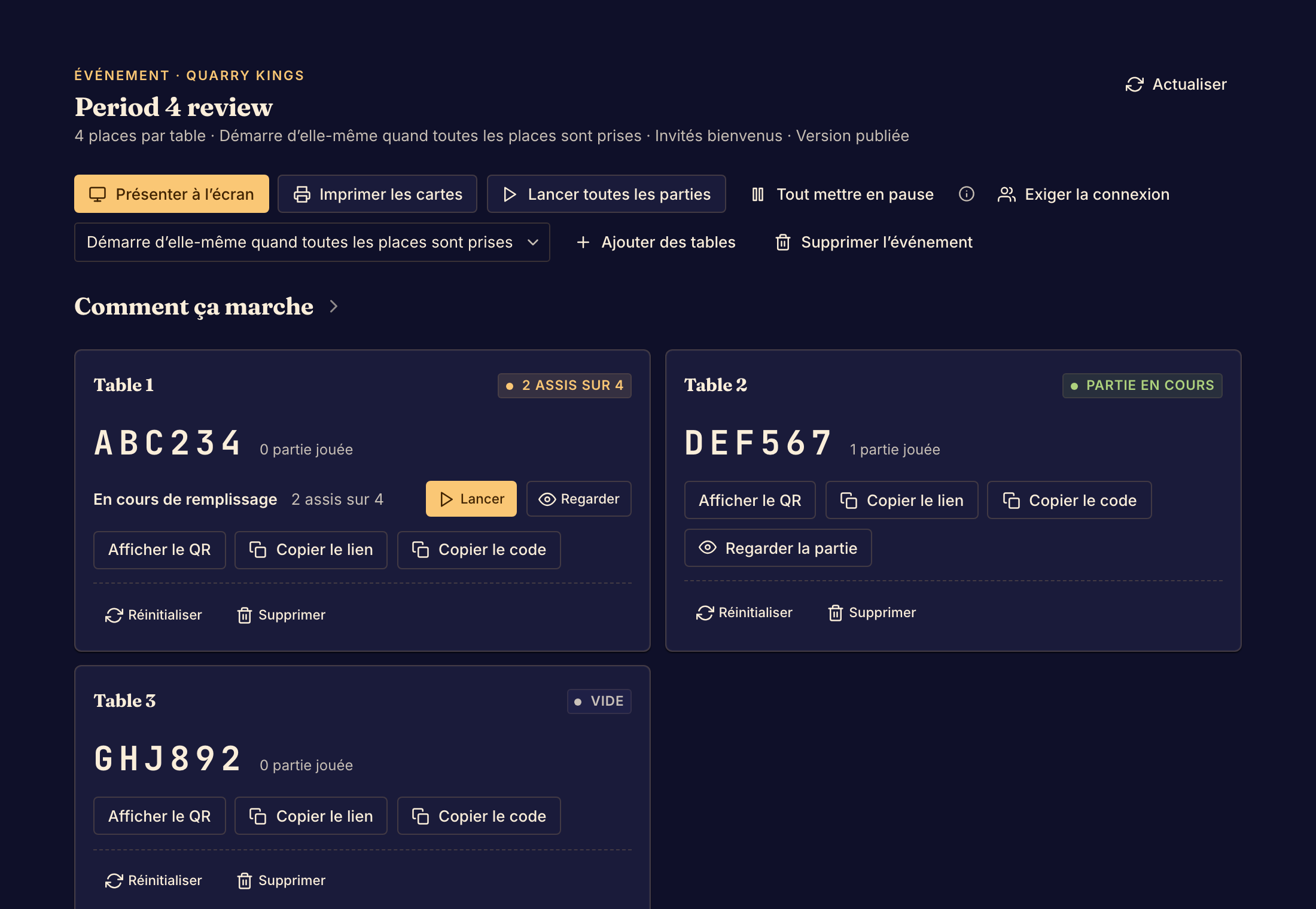 La page d’organisation de l’événement montre les codes de table, les places occupées et les commandes pour gérer la salle.