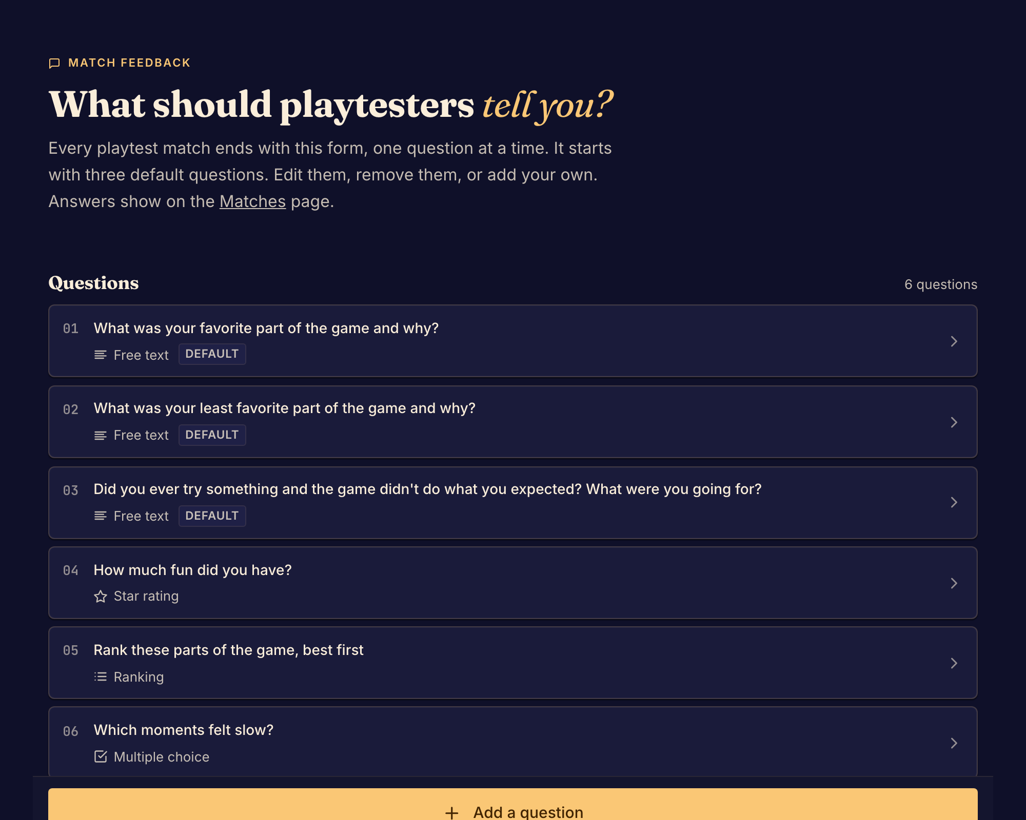 L’éditeur Feedback form permet à un auteur de configurer les questions affichées après un test de jeu.