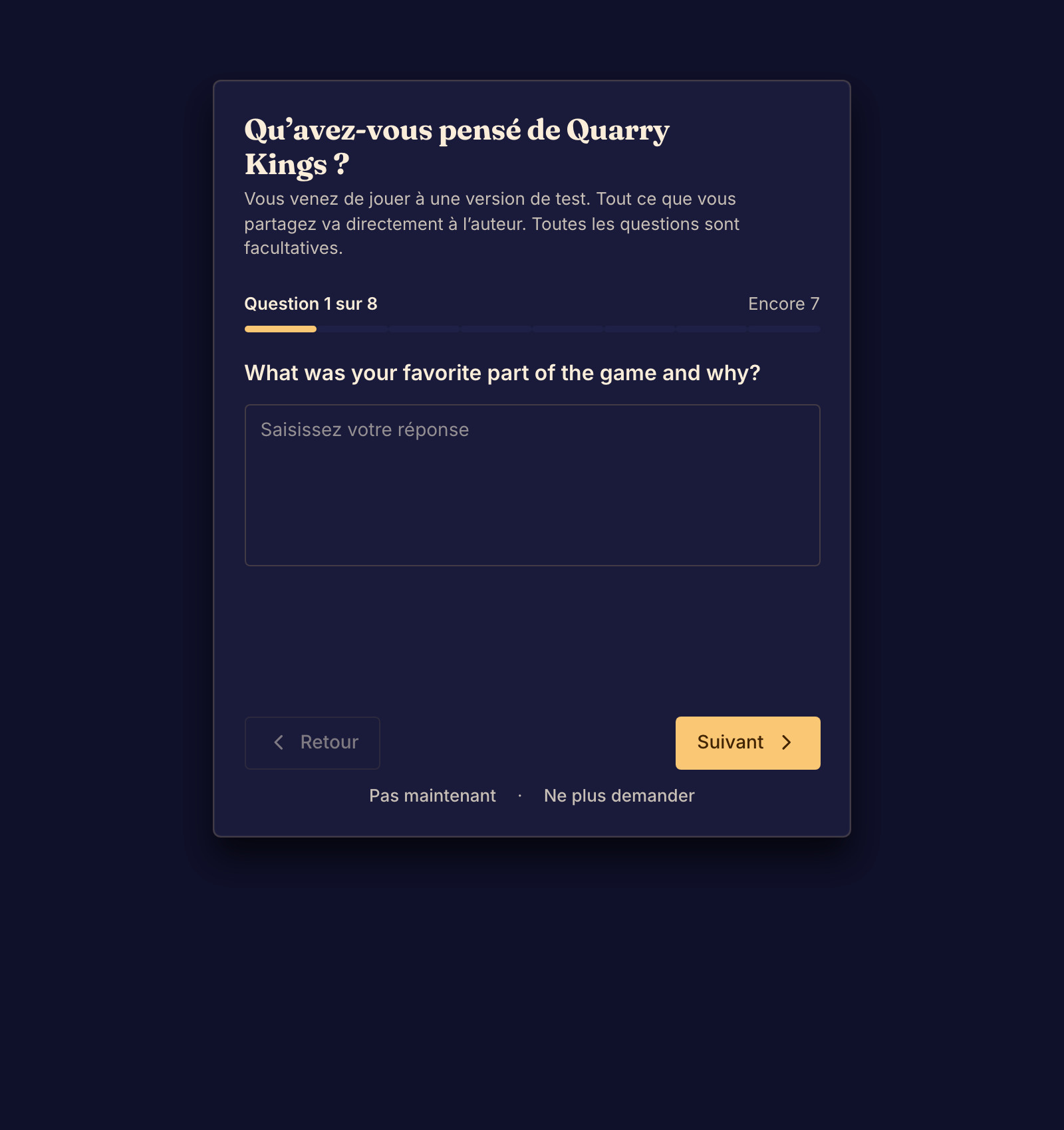 Le formulaire de retours contient les questions de test personnalisées de l’auteur.