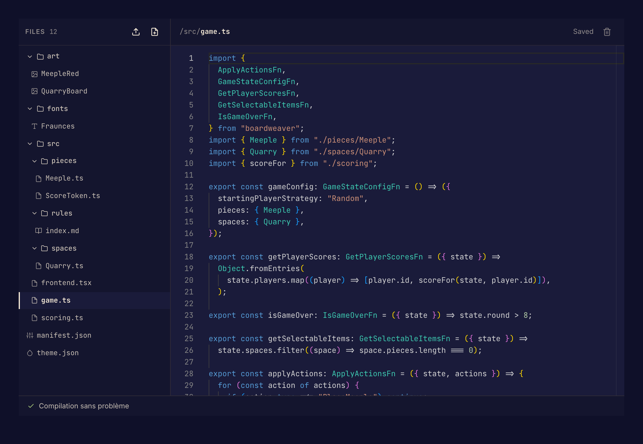 L’arborescence des fichiers et l’éditeur montrent un exemple de jeu en TypeScript. Les jeux sur le framework v3 utilisent Rust pour la logique du jeu.
