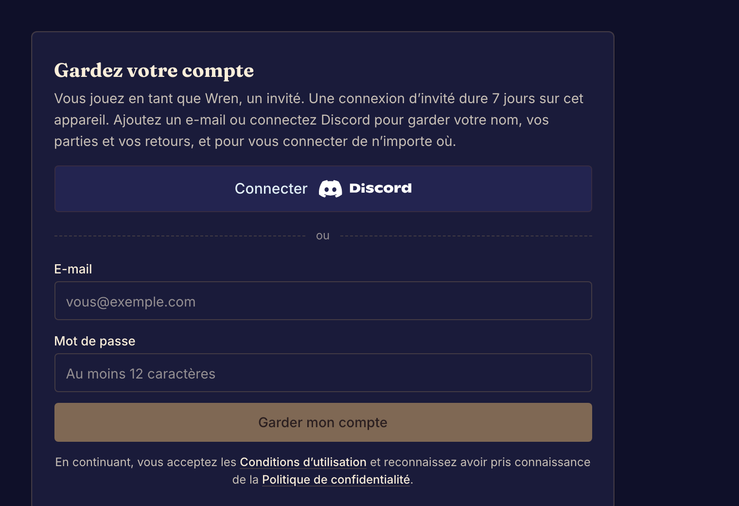Le panneau Gardez votre compte relie une identité d’invité à une connexion permanente.
