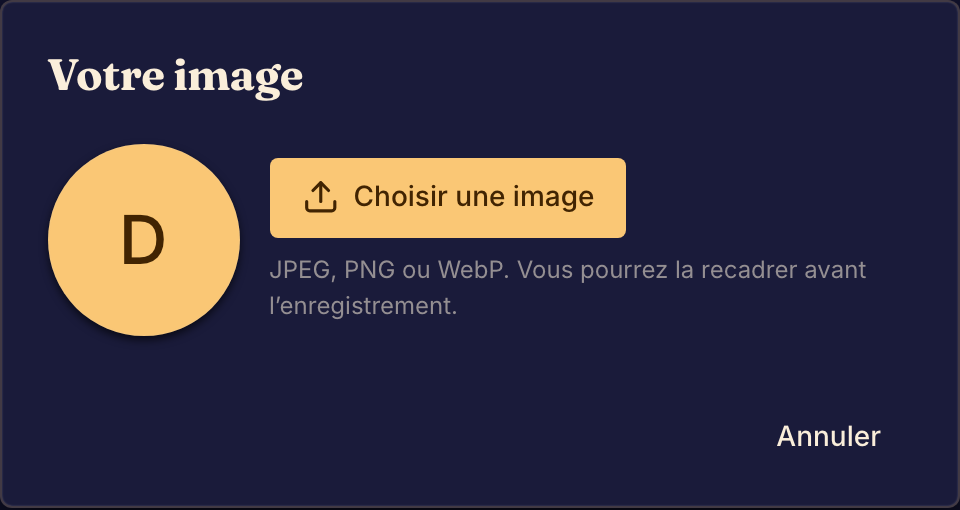 La boîte de dialogue de l’image de profil permet d’envoyer une nouvelle image ou de garder un avatar avec vos initiales.
