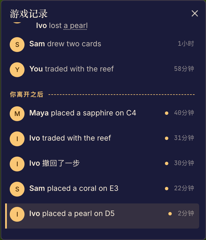 游戏记录列出各个行动,并链接到对局中较早的局面。